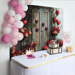 Lofaris Lush Green Vines and Rustic Door with Red Heart Balloons, Roses Romantic Holiday Backdrop for Valentine's Day.