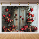 Lofaris Lush Green Vines and Rustic Door with Red Heart Balloons, Roses Romantic Holiday Backdrop for Valentine's Day.