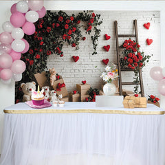 Lofaris White Brick Wall Red Roses and Hearts Holiday Backdrop, Teddy Bears, Wooden Ladder, and Boxes Decor