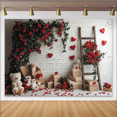 Lofaris White Brick Wall Red Roses and Hearts Holiday Backdrop, Teddy Bears, Wooden Ladder, and Boxes Decor