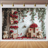 Lofaris Romantic Red Roses and Green Ivy White Brick Wall Backdrop, Hearts and Teddy Bears for Valentine's Day