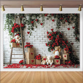 Lofaris White Brick Wall with Red Roses, Green Vines and Hearts Valentine's Day Backdrop, Teddy Bears and Ladder Decor