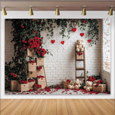 Lofaris Romantic Red Roses and Green Vines Holiday Backdrop, White Brick Wall with Hearts and Teddy Bears for Valentine's Day