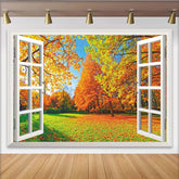 Lofaris Vibrant Autumn Forest View Through Open Window Photography Backdrop, Colorful Fall Leaves and Blue Sky Scene