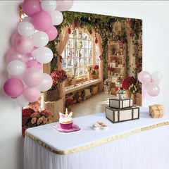 Lofaris Elegant Romantic Red Rose and Green Vine Window Backdrop, Floral Room Photography Studio Decor for Portraits