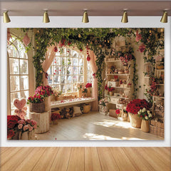 Lofaris Elegant Romantic Red Rose and Green Vine Window Backdrop, Floral Room Photography Studio Decor for Portraits