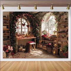 Lofaris Romantic Red Rose and Vine Arched Window Photography Backdrop, Elegant Indoor Scene for Valentine's Day