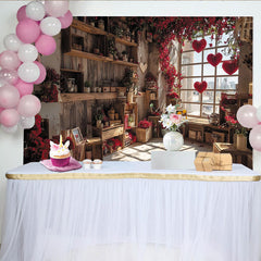 Lofaris Rustic Wooden Room Photography Backdrop with Red Flowers and Hanging Hearts, Romantic Window Scene