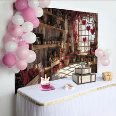 Lofaris Rustic Wooden Room Photography Backdrop with Red Flowers and Hanging Hearts, Romantic Window Scene