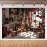 Lofaris Rustic Wooden Room Photography Backdrop with Red Flowers and Hanging Hearts, Romantic Window Scene