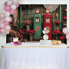 Lofaris Vintage Red and Green Gas Pump Floral Photography Backdrop, Rustic Wooden Wall with Roses and Lanterns