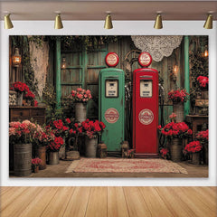 Lofaris Vintage Red and Green Gas Pump Floral Photography Backdrop, Rustic Wooden Wall with Roses and Lanterns