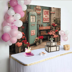 Lofaris Vintage Teal Gas Pump Photography Backdrop, Rustic Wooden Wall with Abundant Red and Pink Flowers and Love Sign