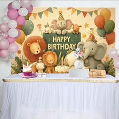Lofaris Adorable Cartoon Jungle Animal Happy Birthday Backdrop with Elephants, Lions, and Balloons, Kids Party Decor