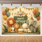 Lofaris Adorable Cartoon Jungle Animal Happy Birthday Backdrop with Elephants, Lions, and Balloons, Kids Party Decor