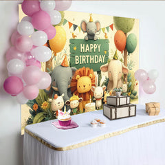 Lofaris Whimsical Cartoon Jungle Animals Happy Birthday Backdrop with Elephants and Lion, Safari Party Decor