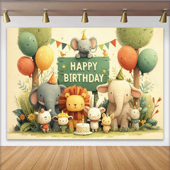 Lofaris Whimsical Cartoon Jungle Animals Happy Birthday Backdrop with Elephants and Lion, Safari Party Decor