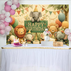 Lofaris Cute Watercolor Jungle Animals Birthday Backdrop, Happy Birthday Sign with Elephants, Lions, and Cake