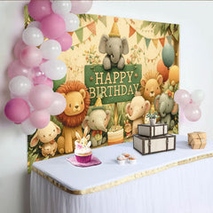 Lofaris Cute Watercolor Jungle Animals Birthday Backdrop, Happy Birthday Sign with Elephants, Lions, and Cake