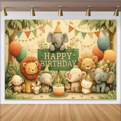 Lofaris Cute Watercolor Jungle Animals Birthday Backdrop, Happy Birthday Sign with Elephants, Lions, and Cake