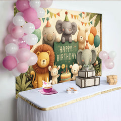 Lofaris Cute Cartoon Jungle Animals Happy Birthday Backdrop, Safari Lion Elephant Bear Party Decoration