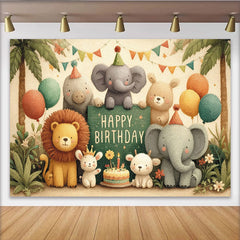 Lofaris Cute Cartoon Jungle Animals Happy Birthday Backdrop, Safari Lion Elephant Bear Party Decoration