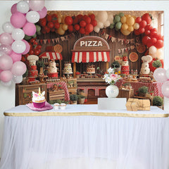 Lofaris Rustic Wood Pizza Stand Birthday Backdrop with Red Green Yellow Balloons and Cakes, Italian Party Decor