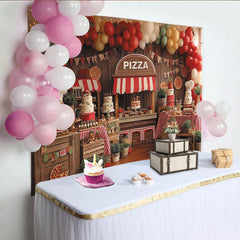 Lofaris Rustic Wood Pizza Stand Birthday Backdrop with Red Green Yellow Balloons and Cakes, Italian Party Decor