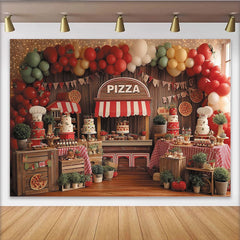 Lofaris Rustic Wood Pizza Stand Birthday Backdrop with Red Green Yellow Balloons and Cakes, Italian Party Decor