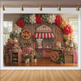 Lofaris Pizza Chef Stand Birthday Backdrop, Rustic Wood Wall with Balloon Arch and Dessert Table Decor
