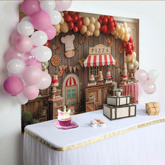 Lofaris Rustic Wooden Pizza Party Backdrop with Red and Cream Balloons, Chef Theme Birthday Celebration Decor.