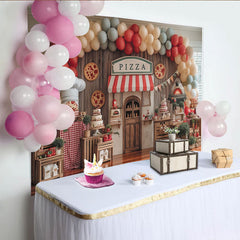 Lofaris Italian Pizza Shop Party Backdrop with Red White Awning, Chef Hat Balloon Arch Decor for Birthday Celebration