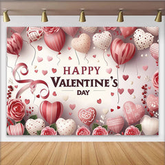 Lofaris Pink and Red Heart Balloons Valentine's Day Backdrop, Romantic Roses and Ribbons Party Decor