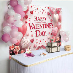 Lofaris Pink and Red Heart Balloons Valentine's Day Backdrop, Romantic Roses and Ribbons Party Decor for Celebration