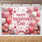 Lofaris Pink and Red Heart Balloons Valentine's Day Backdrop, Romantic Roses and Ribbons Party Decor for Celebration