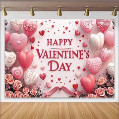 Lofaris Pink and Red Heart Balloons Valentine's Day Backdrop, Romantic Roses and Ribbons Party Decor for Celebration