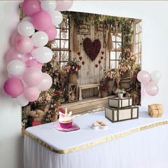 Lofaris Rustic Wooden Wall Valentine's Day Backdrop, Red Rose Heart with Abundant Floral Garden Decor
