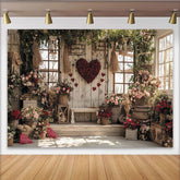 Lofaris Rustic Wooden Wall Valentine's Day Backdrop, Red Rose Heart with Abundant Floral Garden Decor