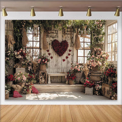 Lofaris Rustic Wooden Wall Valentine's Day Backdrop, Red Rose Heart with Abundant Floral Garden Decor