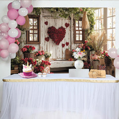 Lofaris Rustic Wooden Wall Valentine's Day Backdrop with Red Roses, Floral Heart and Window Decor, Romantic Photo Background