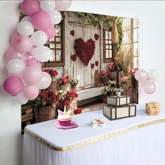 Lofaris Rustic Wooden Wall Valentine's Day Backdrop with Red Roses, Floral Heart and Window Decor, Romantic Photo Background