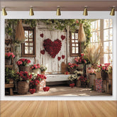 Lofaris Rustic Wooden Wall Valentine's Day Backdrop with Red Roses, Floral Heart and Window Decor, Romantic Photo Background