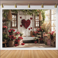Lofaris Rustic Wooden Wall Valentine's Day Backdrop with Red Roses, Floral Heart and Window Decor, Romantic Photo Background