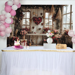 Lofaris Rustic Wooden Wall Valentines Day Backdrop with Red Rose Heart, Pink Flowers and Vintage Windows