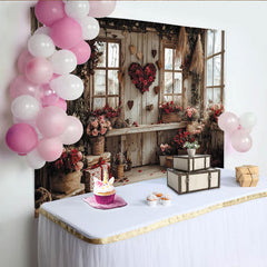 Lofaris Rustic Wooden Wall Valentines Day Backdrop with Red Rose Heart, Pink Flowers and Vintage Windows