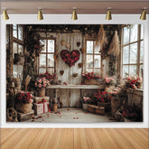Lofaris Rustic Wooden Wall Valentines Day Backdrop with Red Rose Heart, Pink Flowers and Vintage Windows