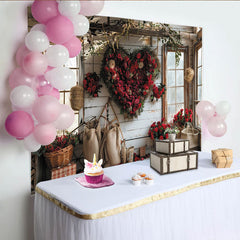 Lofaris Rustic Valentine's Day Backdrop with Red Roses Heart Wreath, Romantic Window Scene for Couples Celebration.