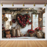 Lofaris Rustic Valentine's Day Backdrop with Red Roses Heart Wreath, Romantic Window Scene for Couples Celebration.