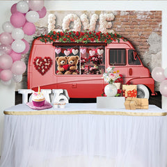 Lofaris Pink Valentine's Day Backdrop with Love Truck, Cute Teddy Bears, Red Roses and Heart Garland Decor for Romantic Party
