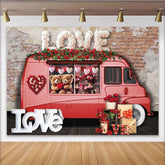 Lofaris Pink Valentine's Day Backdrop with Love Truck, Cute Teddy Bears, Red Roses and Heart Garland Decor for Romantic Party